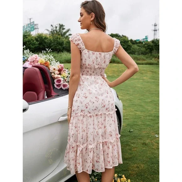 Cottagecore Floral Print Shirred Waist Knot Front Ruffle Hem Dress pink - Picture 2 of 5